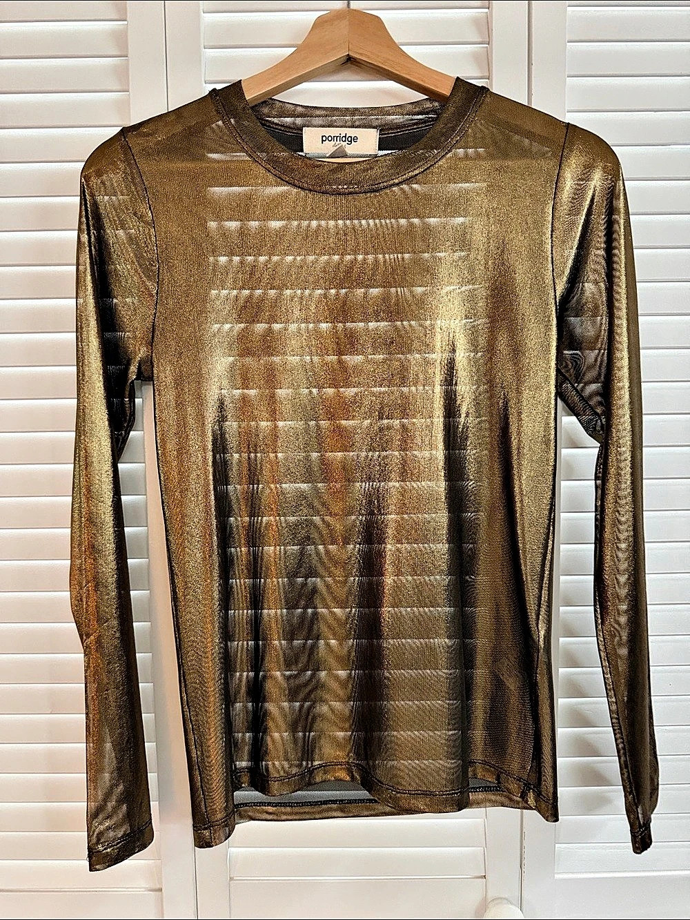 porridge clothing Metallic Sheer Long Sleeve Top in Bronze Gold Size XS